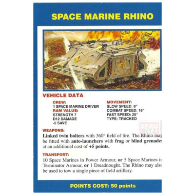 Space Marine Rhino Fahrzeug Datenkarte aus Warhammer 40.000 2. Auflage 1993 RAR