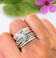 Rainbow Moonstone Gemstone 925 Sterling Silver Unisex Spinner Ring New Jewelry