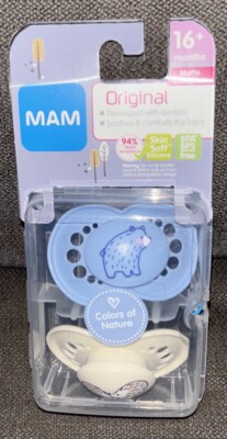 MAM Original 2-Pk Blue & Beige Matte Coll Pacifiers W/Sterilizing Case{16Mon +}