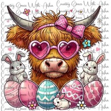 Sublimation Transfer Easter Highland Cow Ready To Press Heat Transfer Pack of 6