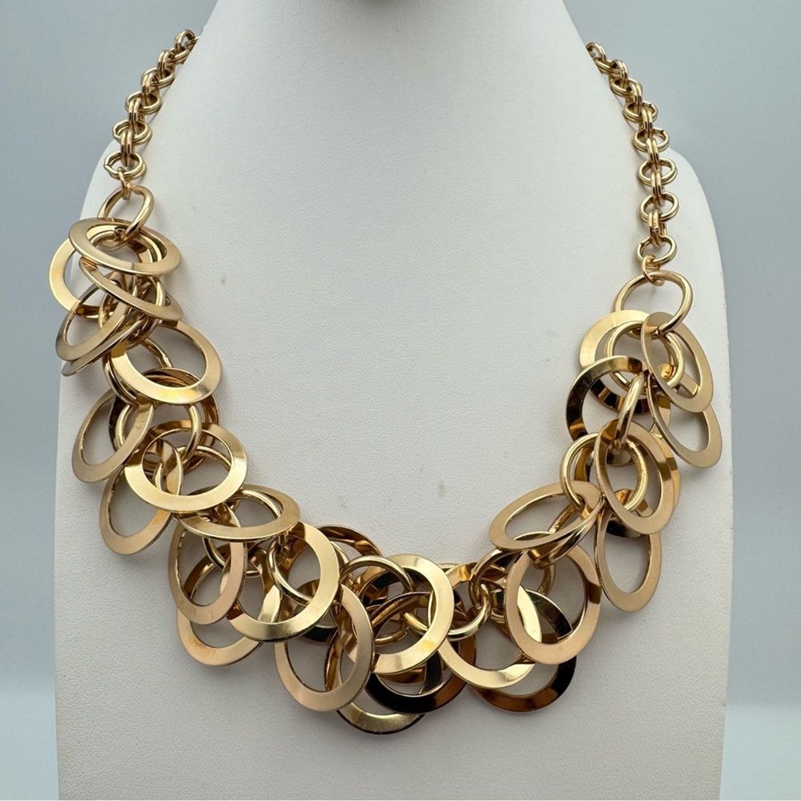 Gold Tone Multi Ring Statement Necklace Adjustabl… - image 1