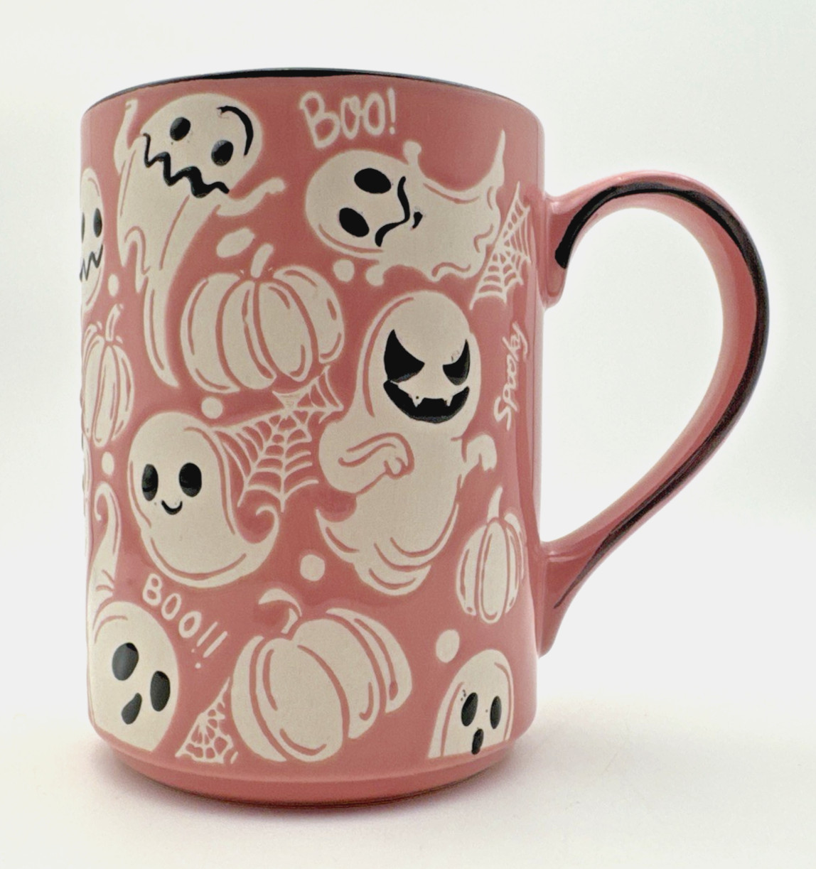 Pink “Boo!” Halloween Ghost & Pumpkin Ceramic Mug Cute ghosts, pumpkins & webs