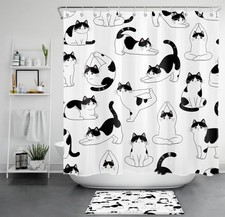 Cute Black and White Animal Funny Cat Shower Curtain Bathroom Accessories Set