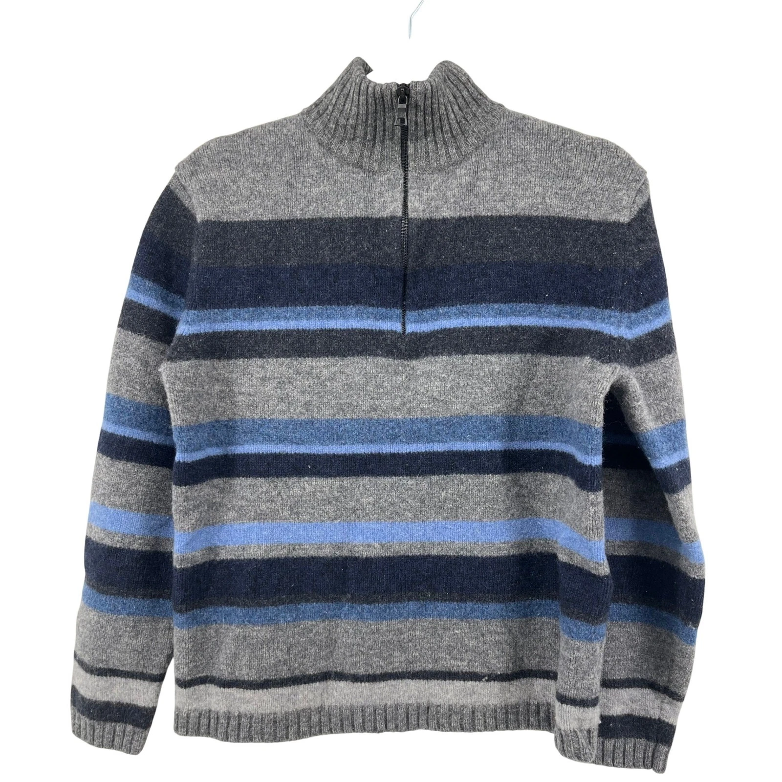 Banana Republic Mens M Lambswool Striped Quarter Zip Sweater Grey Blue Mock Neck