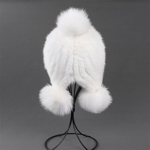 Women's Winter Beanie Hat Genuine Mink Fur Knitted Cap With Earflaps Fox Fur Pom - Picture 18 of 29