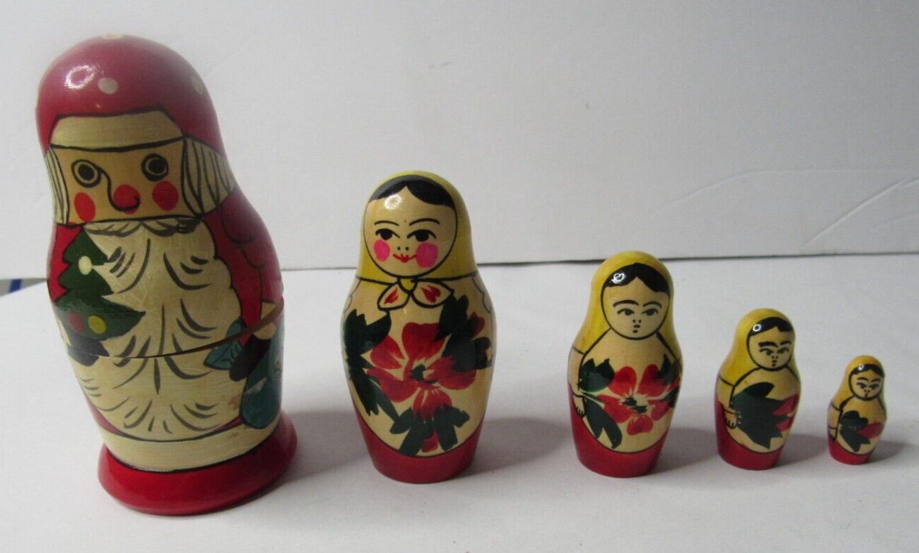 Vintage set 5 hand painted Wooden Christmas Santa Russian Nesting Dolls