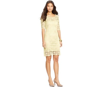 Lauren Ralph Lauren Lace Elbow-Sleeve Sheath Dress Spring Yellow New - M Lauren Ralph Lauren Lace Elbow-Sleeve Sheath Dress Spring Yellow New - M