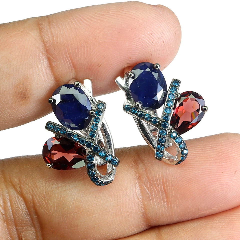 Pendientes de plata de ley 925 con zafiro azul ovalado 9x6 mm joyas de piedras preciosas naturales Foto 2 de 4