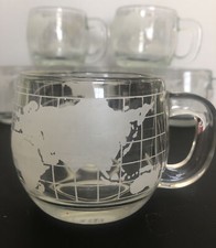 Set of 6 NESTLE NESCAFE World Globe Frosted Etched Glass Coffee cocoa mugs 1970s