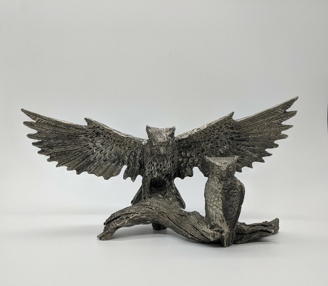 Stunning Owl Figurine Pewter Wings Spread Branch Landing Metal
