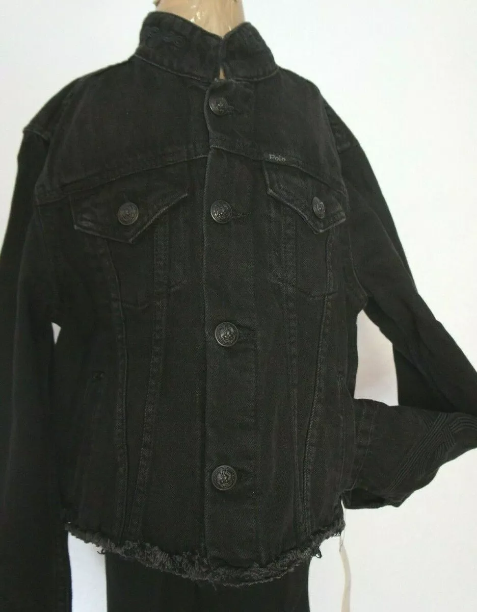 NWT Polo Ralph Lauren Girls Black Denim Jacket Stand Collar Sz 12 Orig $125