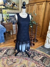 Black Lace Dress Sleeveless Satin Ruffle Hem Flapper Back Zip Stretch S 32” 36”