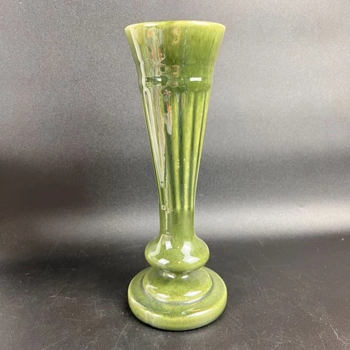 Vintage Haeger Bud Vase USA Green Pedestal Vase Art Pottery Fluted Bud Vase 10"