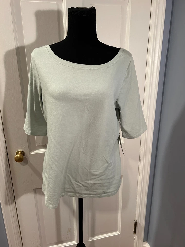 Jersey elástico de algodón Eileen Fisher cuello redondo, camisa verde niebla, mediana, nueva con etiquetas Foto 2 de 4