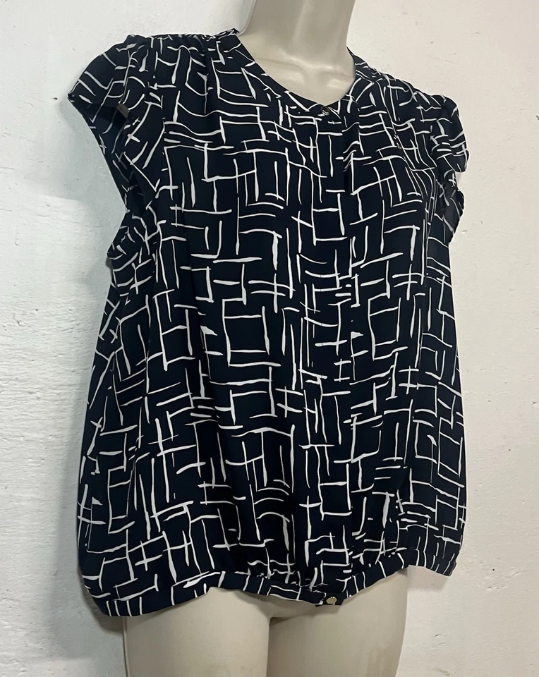 DKNY Large Blouse Navy Blue White Flutter Sleeve Top - Image 3 of 4