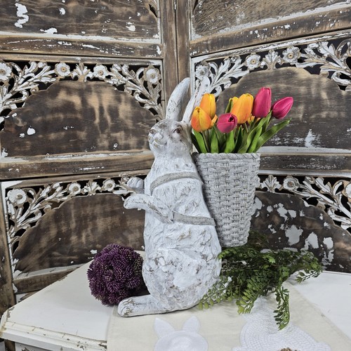 Whitewashed Resin Bunny Rabbit with Backpack Open Basket 17