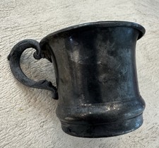 Antique HANDLED BABY CUP Floral Engraved Motif Silver Plated or Pewter Vintage