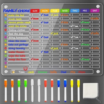 Acrylic Magnetic Chore Chart for Fridge, 16x12, Dry Erase, 12 Markers