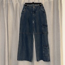 SHEIN Wide Leg Utility Y2K Cargo Style Women’s Jeans Size 27 Medium Wash Frayed