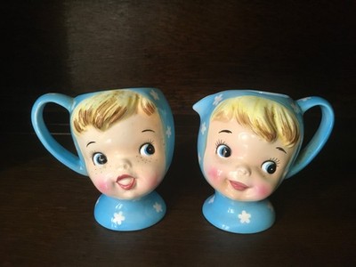Napco Miss Cutie Pie Creamer & Cup Vintage 1950s Japan #A3507/BL Girl Figurine