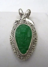 2 1/2' LRG SARDA CARVED ELEPHANT GREEN ONYX CHALCEDONY STERLING SILVER  PENDANT