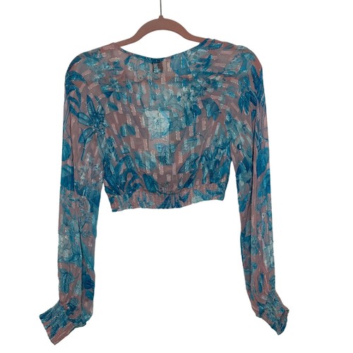 Hemant & Nandita Cropped Long Sleeve Cowl Neck Top Size XS Pink Blue Floral NEW - Picture 2 of 12