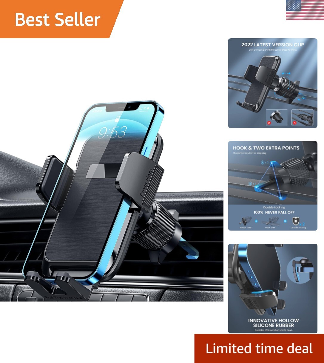 Adjustable Car Vent Phone Mount with 360° Rotation - Secure Smartphone Holder