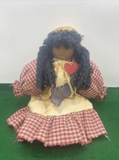 Vintage Hand Made Black Folk Art Fabric/Cloth 13” Doll  With Straw Hat