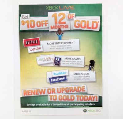 Xbox Live Gold Upgrade 2010 Ad Laminated  Get $10 Off 12 Months of Gold  Poster