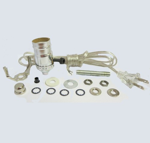 LOT 10 SILVER LAMP KIT PARTS: 3-WAY, OFF-ON, PUSH-THRU, OR PC SOCKET 8' CORD - Picture 3 of 5