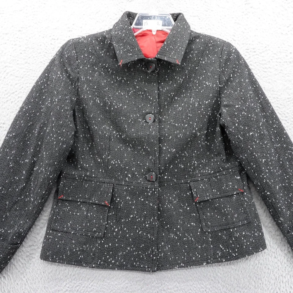 Blazer de tweed de lana colección Mary McFadden talla 14 negro blanco para mujer vintage Foto 3 de 4