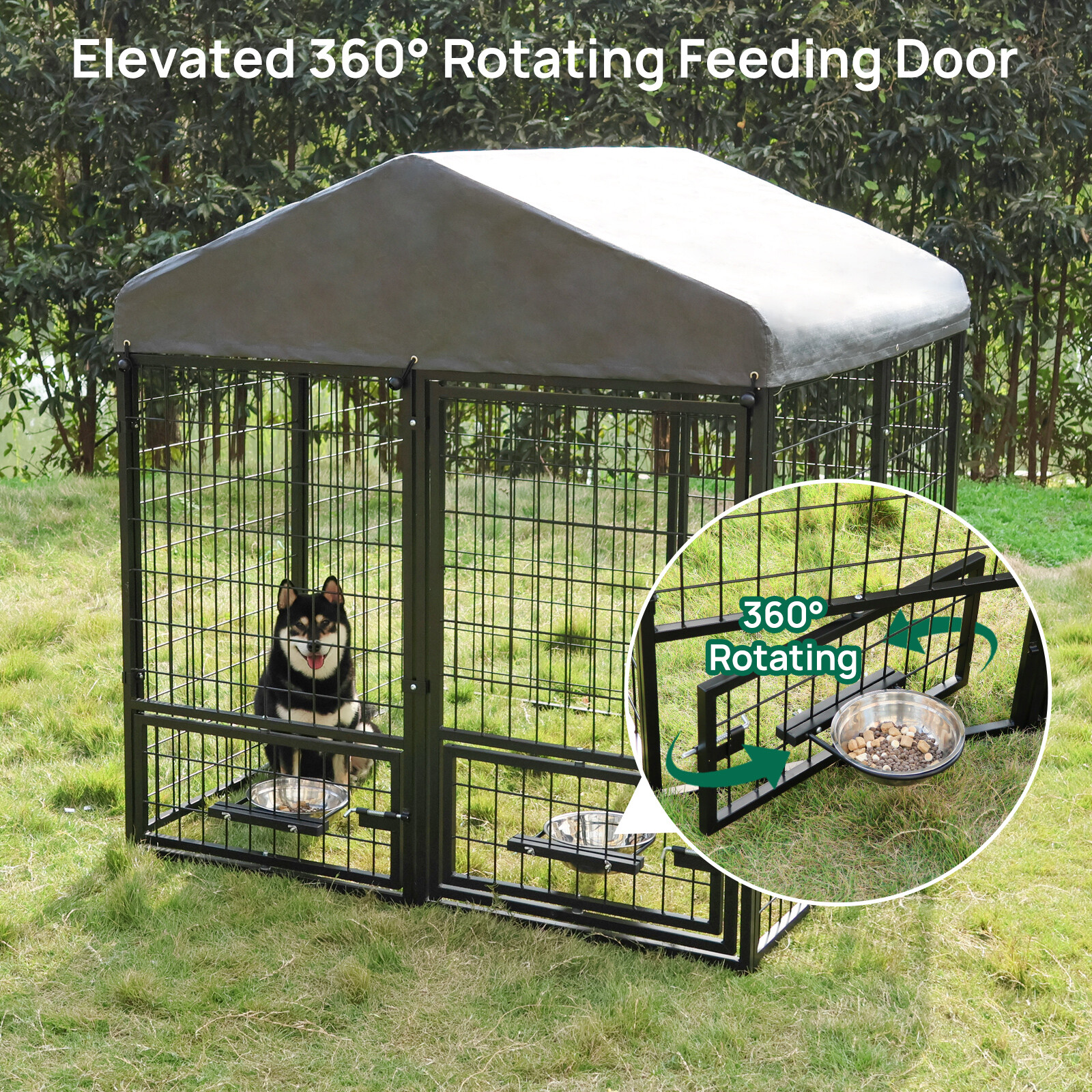 Large Outdoor Dog Kennel Metal Cage Chicken Enclosure Playpen w/Rotating Bowls