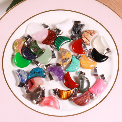 Charm Natural Stone Moon Pendant Healing Crystal Reiki Gems Jewelry Making 50pcs