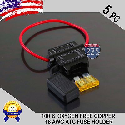 5 Pack 18 Gauge ATC In-Line Blade Fuse Holder 100% OFC Copper Wire + 1A - 40A