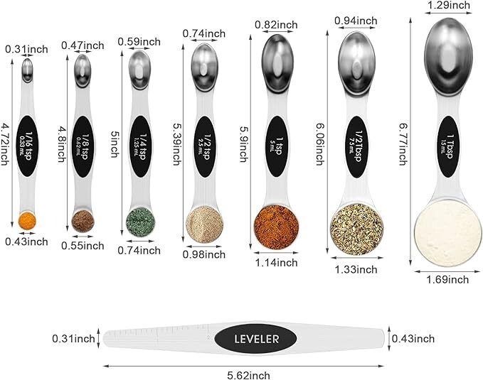 8 PCS Magnetic Measuring Spoons Set, Dual Sided, Stainless Steel Small Tablespoo