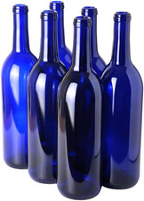 750 Ml Blue Wine Bottles Pack of 6 , Bordeaux/Flint Flat-Bottomed Glass Bottles