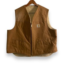 Vintage CARHARTT Brown Duck Vest Sherpa Lined 6SV Hunting USA 2XL Distressed