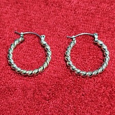 Silver Tone Twisted Hoop Earrings Hinged Closure Round Approx. 1 Inch