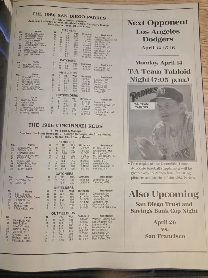 1986 San Diego Padres Vs Reds GAME TICKET~Official Padres Program Magazine - Image 4 of 4