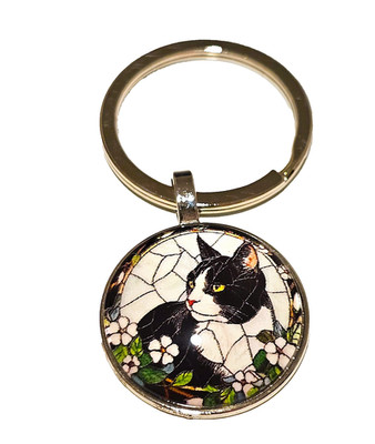 Black White Cat Keychain, Glass Pendant, Mosaic,Floral, Cat Lover, Metal KeyRing