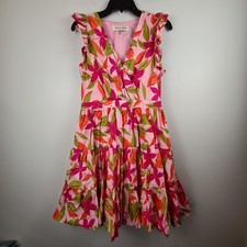 Taylor Pink Tropical Floral Ruffle Tiered Cotton Fit & Flare Dress Medium Lined