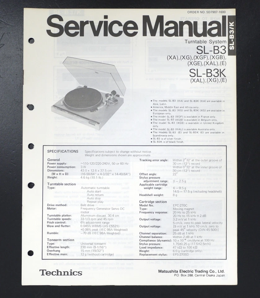 Original Service Manual für TECHNICS SL-B3/SL-B3K Plattenspieler/Turntable S22 - Bild 1 von 1
