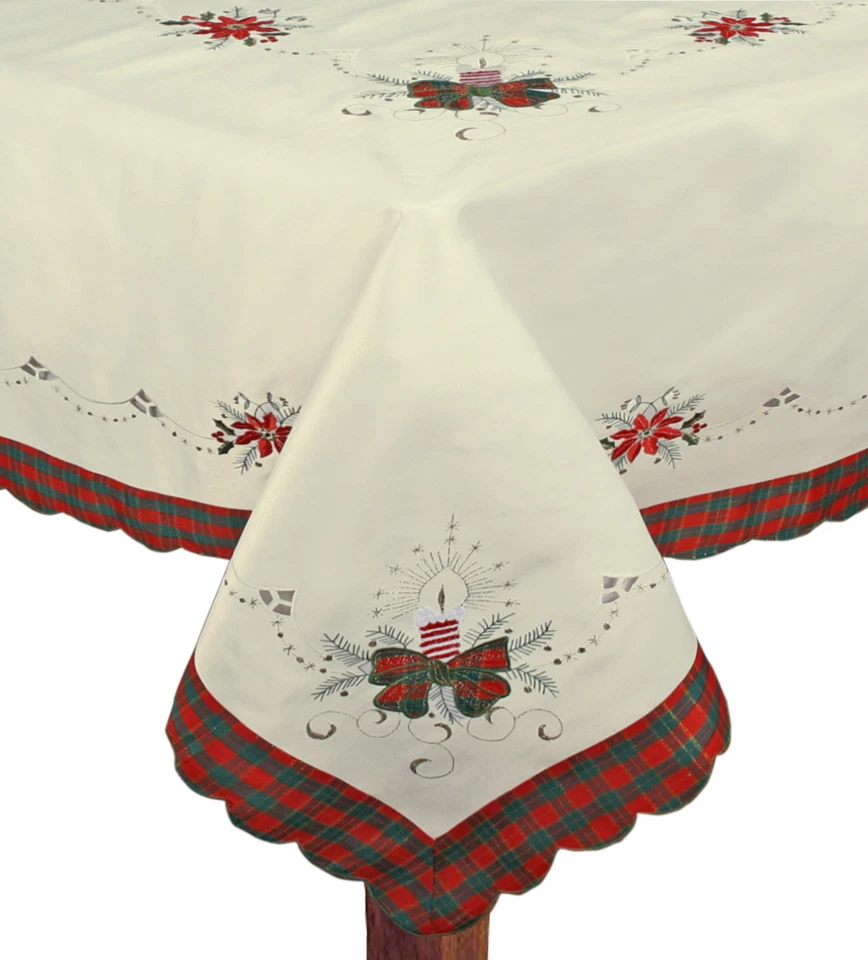 Christmas Embroidered Poinsettia Candle Tablecloth With Napkins Holiday 3610 - Image 2 of 4