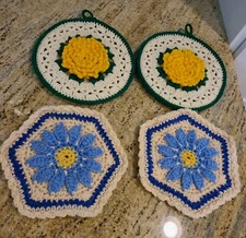 4 Handmade Crochet 3D Flower Hot Pad Table Trivet Hot Pot Holder 2 Sets of 2