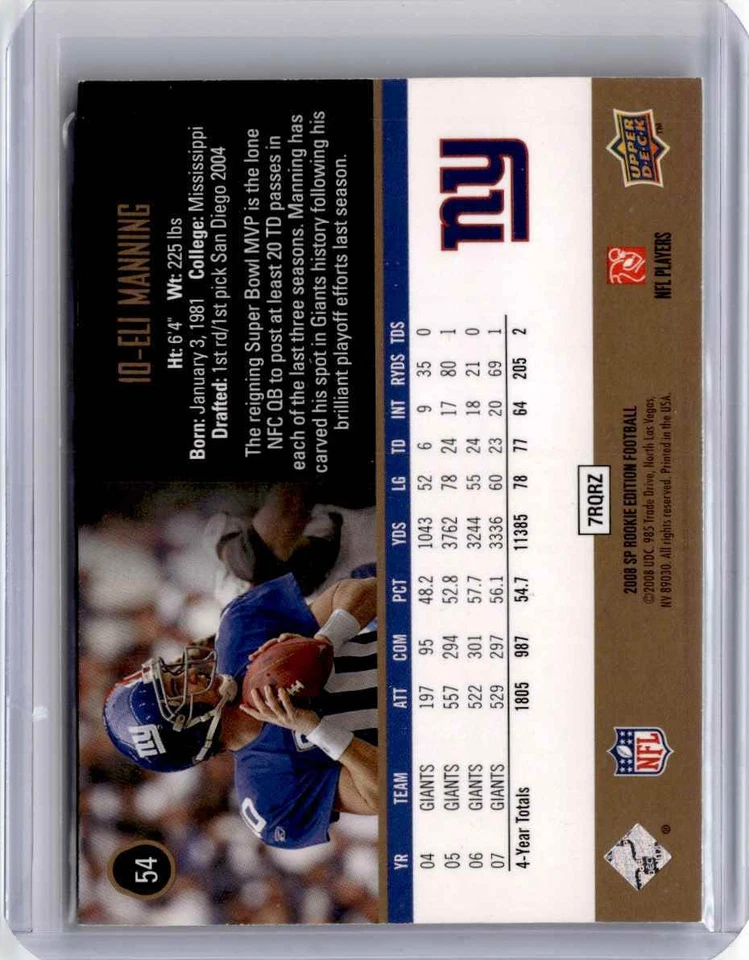 2008 SP Rookie Edition Football Card Eli Manning New York Giants #54 - Image 2 of 2