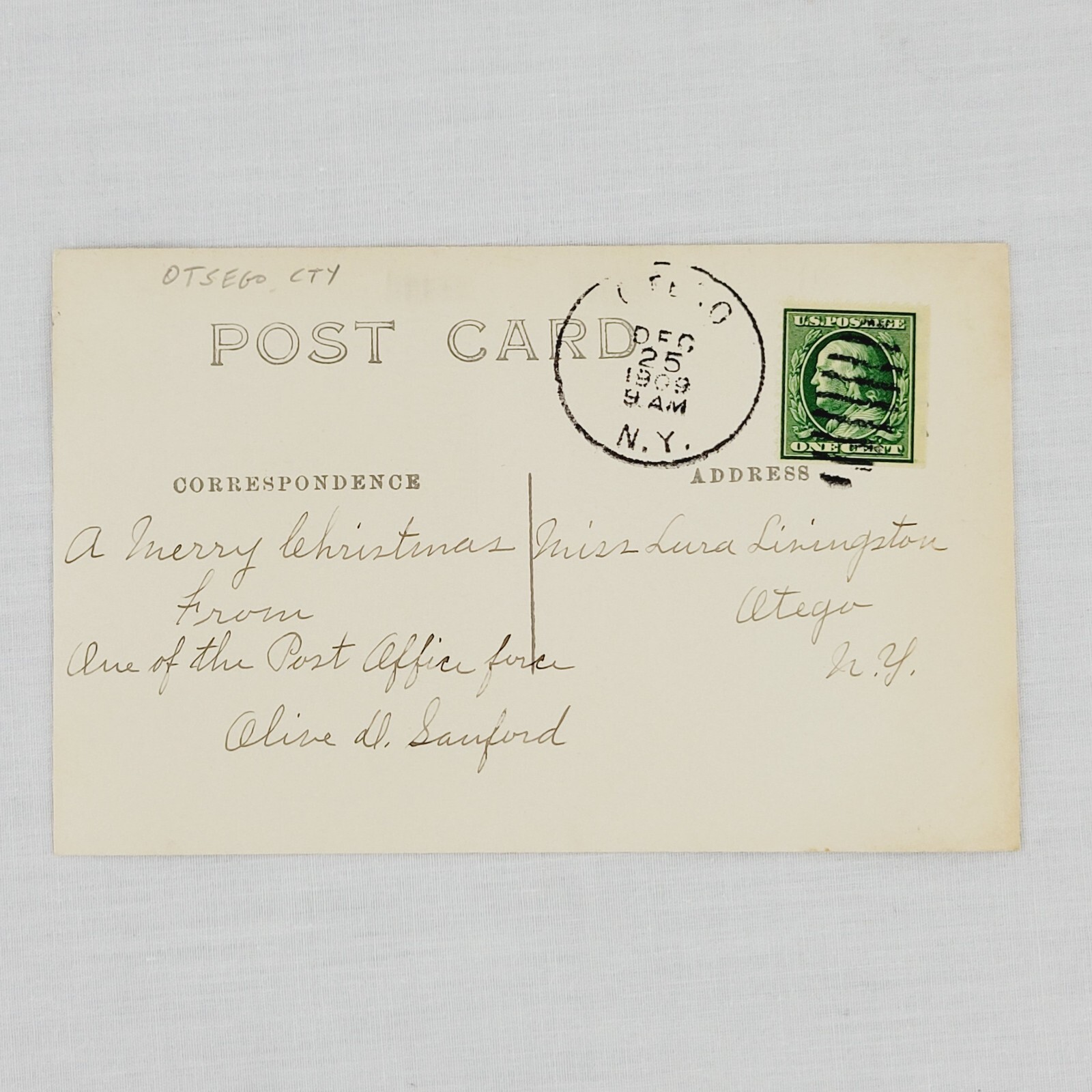 Rare 1909 RPPC Postcard Otego New York Post Office Otsego County NY