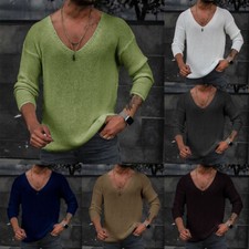 Mens Casual V-Neck Solid Sweater Jumper Knitted Pullover Long Sleeve Tops New