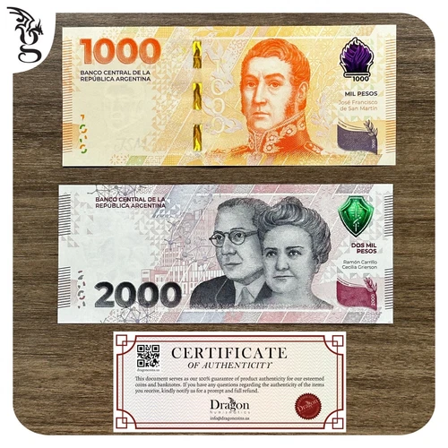 2023 Argentina 1000 and 2000 Pesos New 2023 UNC Suffix "A" Commemorative COA