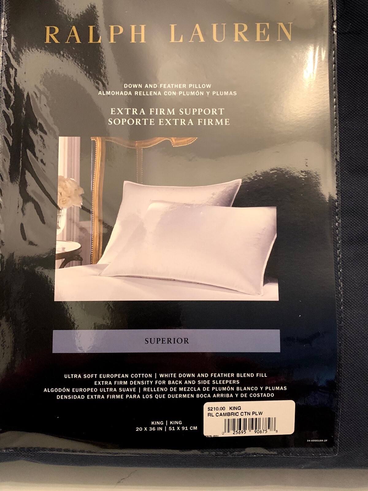 New Ralph Lauren Down & Feather King Superior Pillow Extra Firm $210