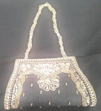 J Francis Black Embroidered Handbag with Beaded Strap